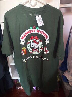 Sanrio Hello Kitty Dark Green Holiday Graphic Tee with Red & White Accents